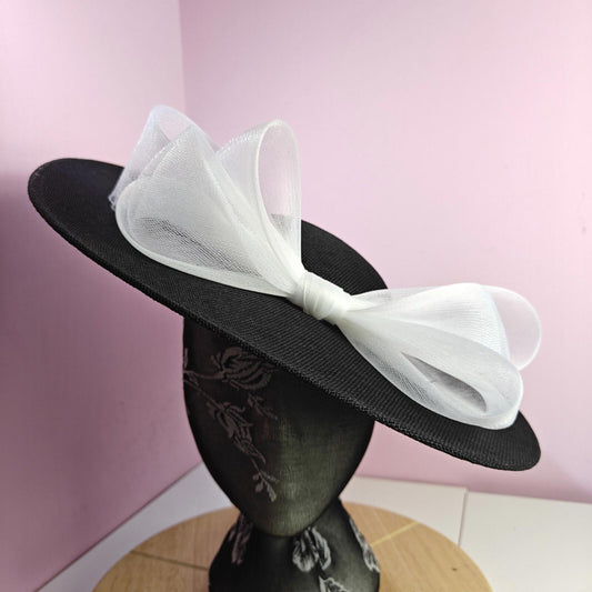 black white large fascinator wedding hat  Kentucky Derby Royal Ascot bow