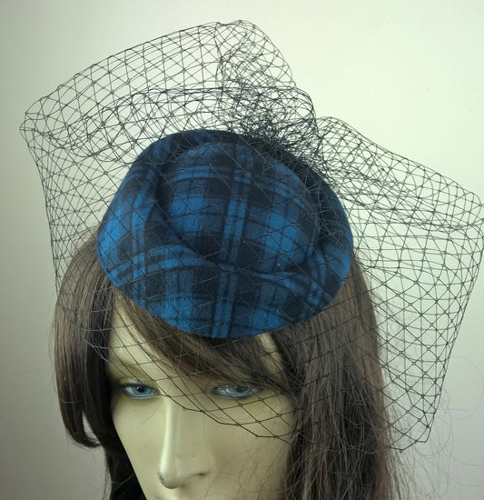 turquoise felt mini pill box hat black veiling french veil fascinator wedding