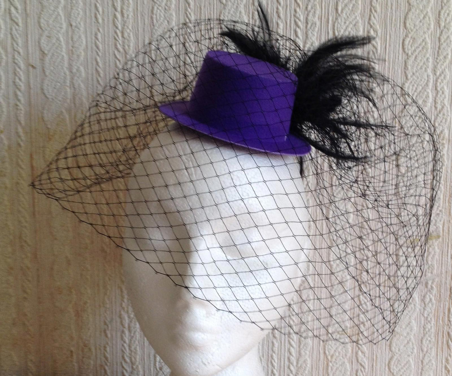 black veiling feather purple mini top hat fascinator millinery burlesque wedding