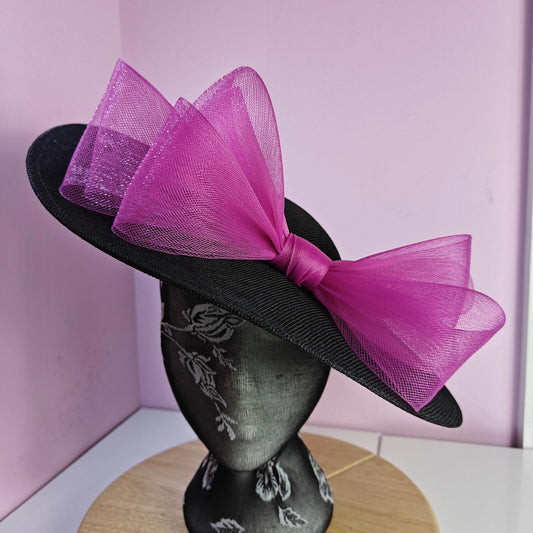 black pink large fascinator wedding hat  Kentucky Derby Royal Ascot bow
