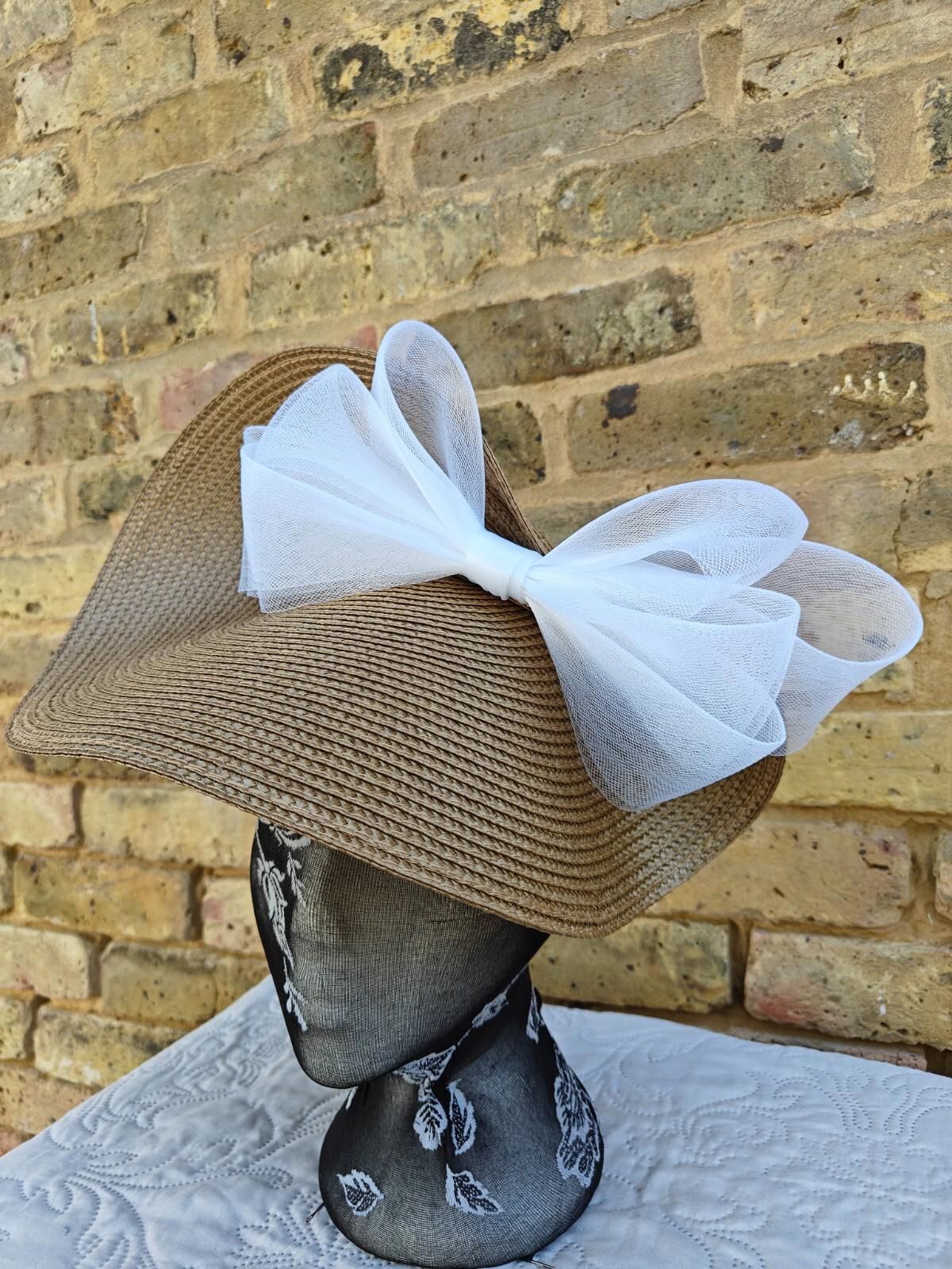 beige white large straw fascinator millinery headband wedding hat ascot