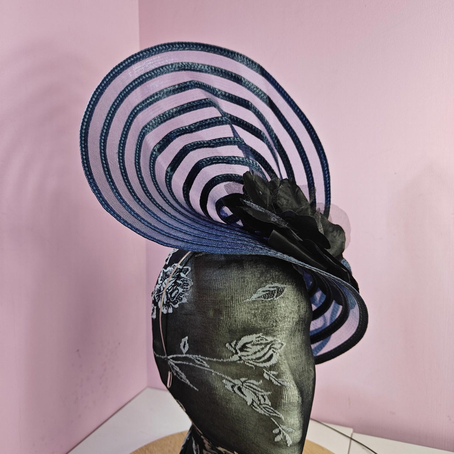 navy black flower fascinator millinery wedding hat Kentucky Derby Royal Ascot