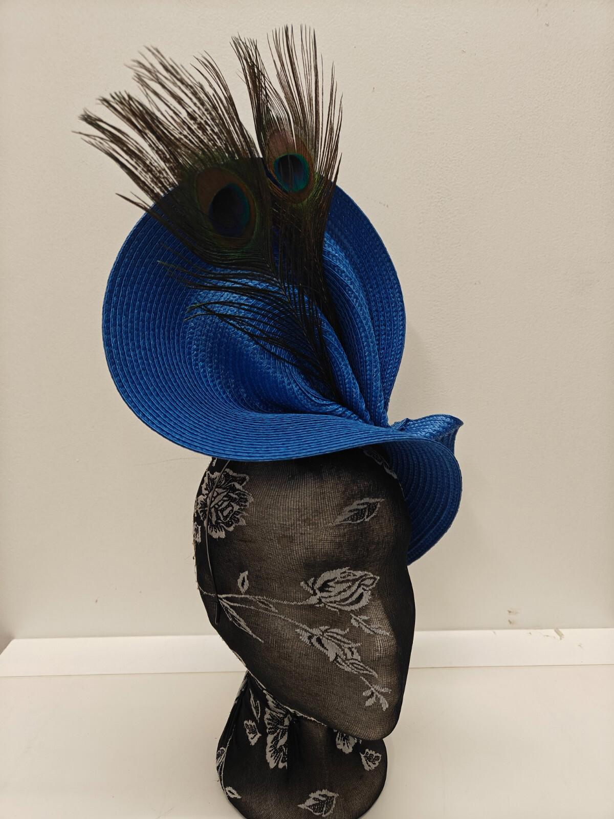 blue large straw fascinator peacock feather millinery headband wedding hat