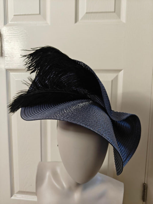 steel blue large straw fascinator ostrich feather millinery headband wedding hat