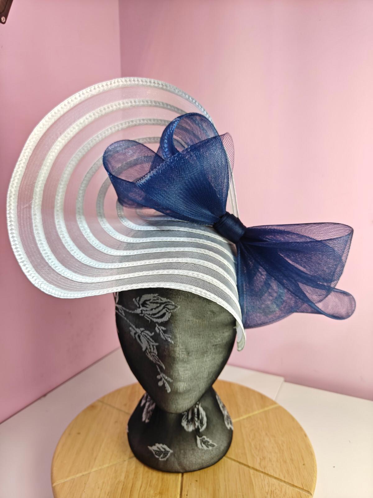 white navy bow fascinator millinery wedding hat Kentucky Derby Royal Ascot