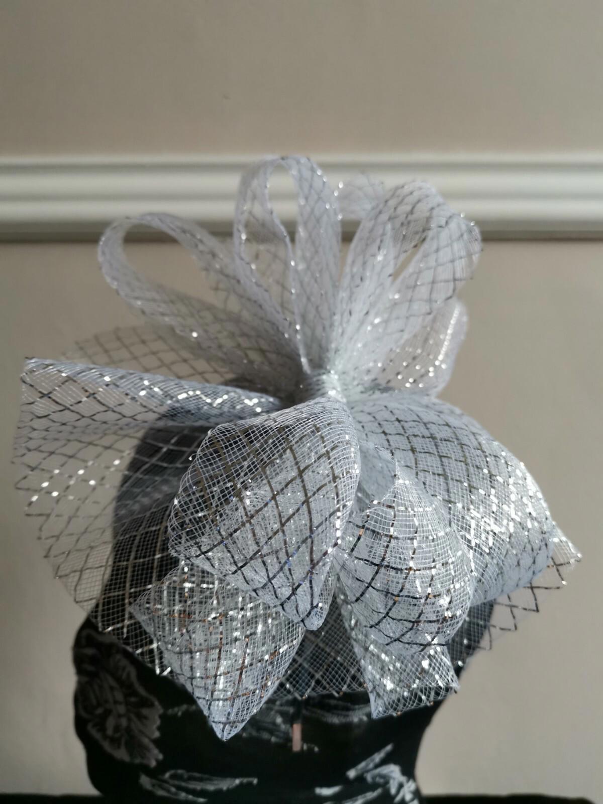 silver fascinator millinery burlesque headband wedding hat hair piece ascot race