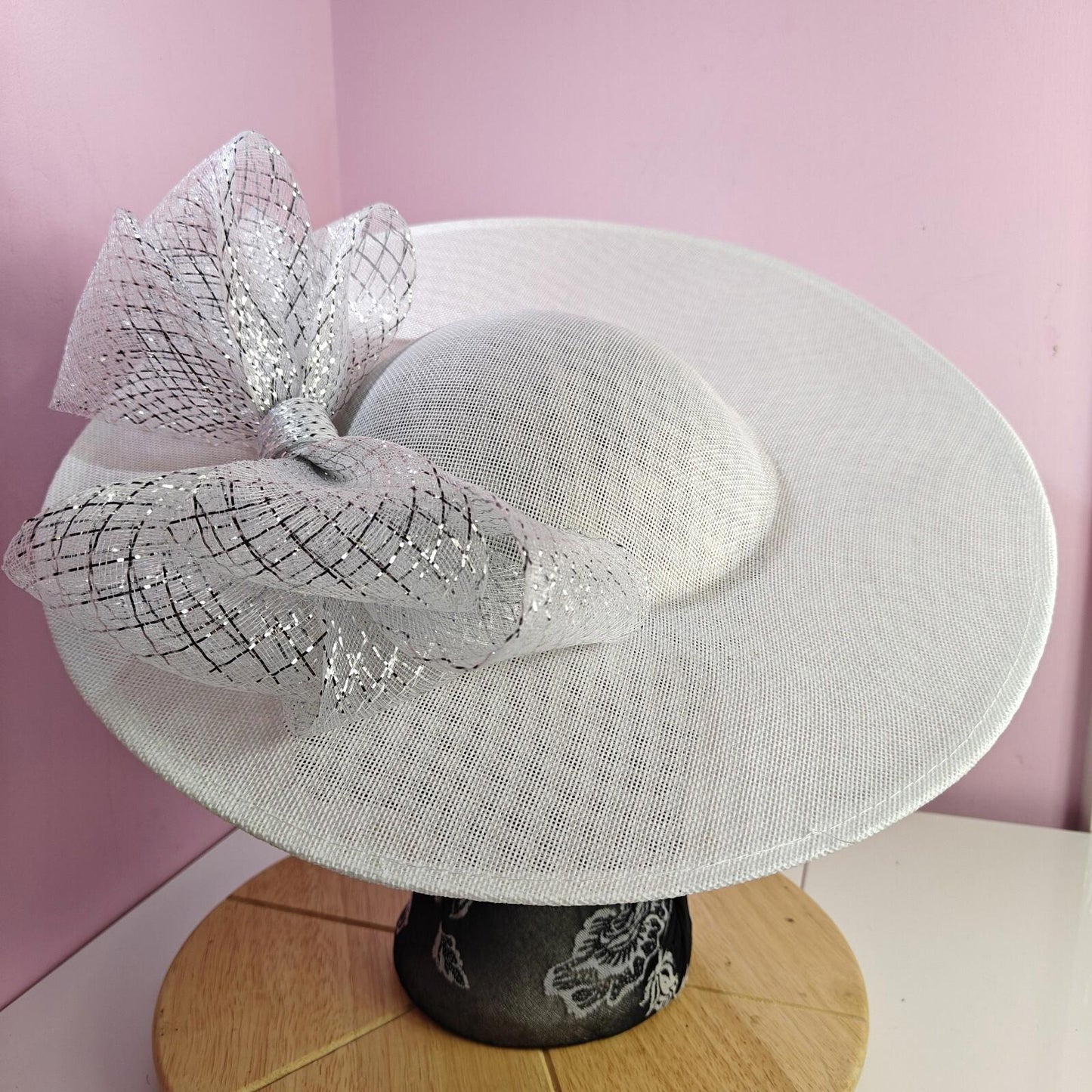 white silver large fascinator wedding hat  Kentucky Derby Royal Ascot bow