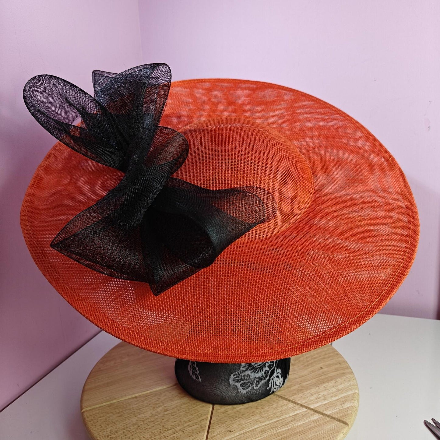 orange black large fascinator wedding hat  Kentucky Derby Royal Ascot bow