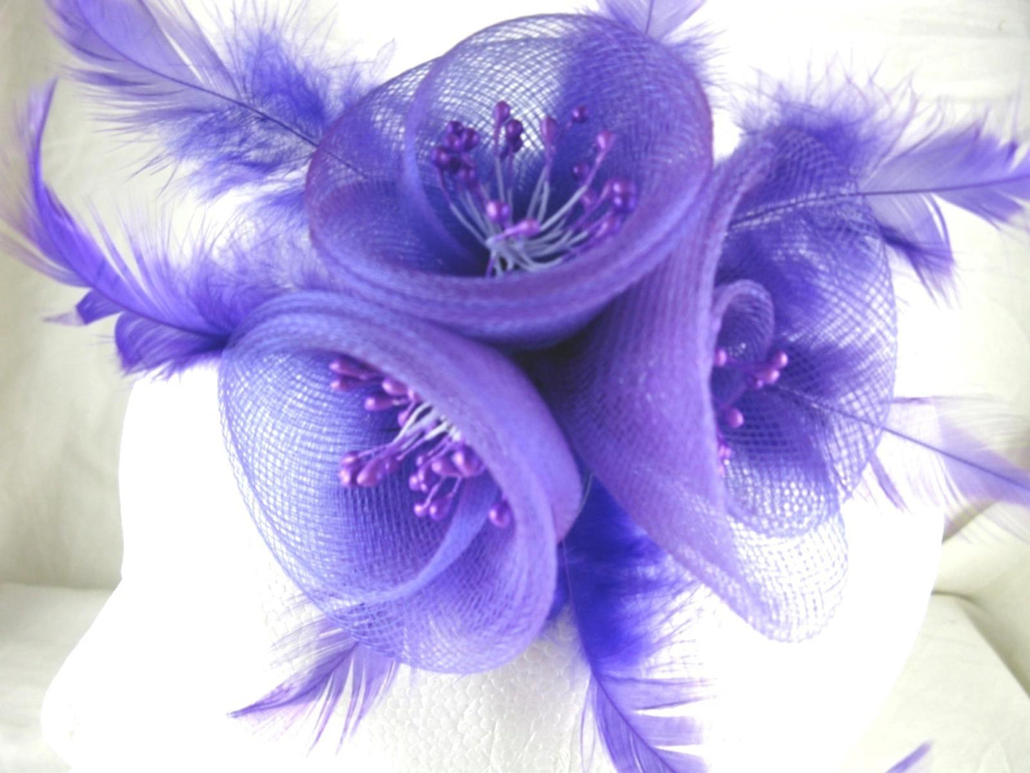 purple fascinator millinery feather brooch clip wedding bridal hair piece ascot