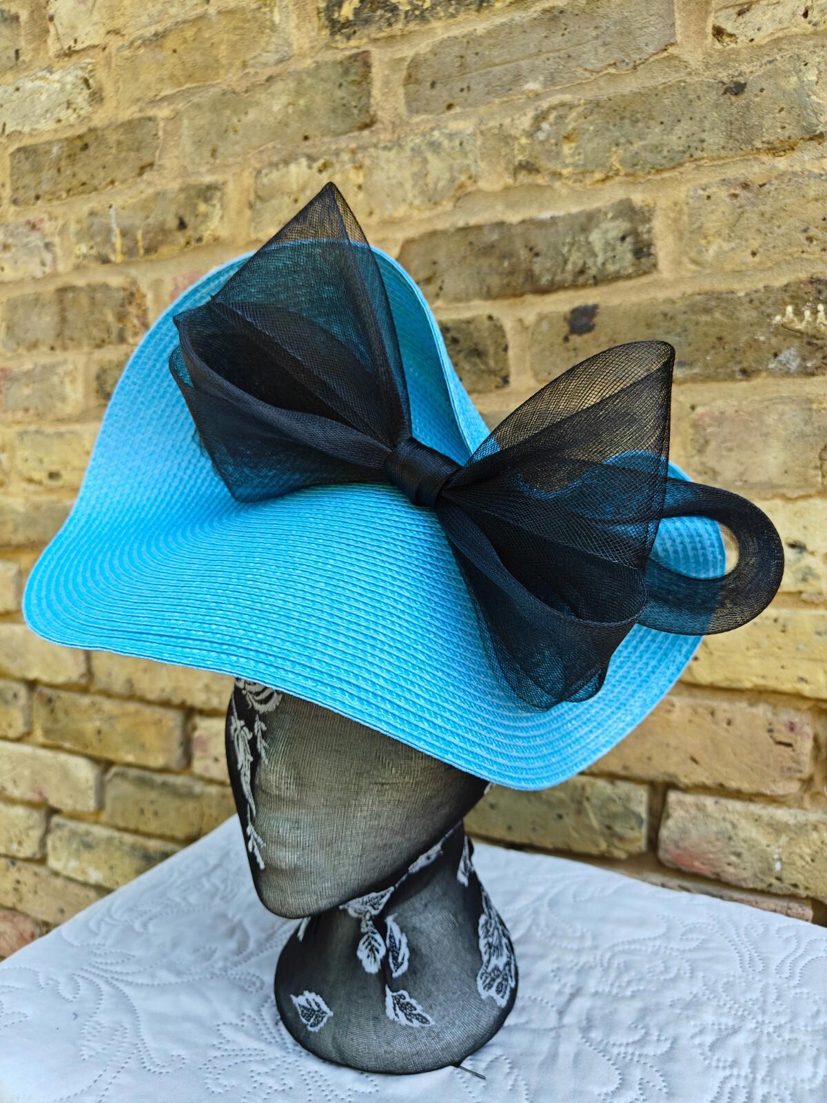 light blue black large straw fascinator millinery headband wedding hat ascot