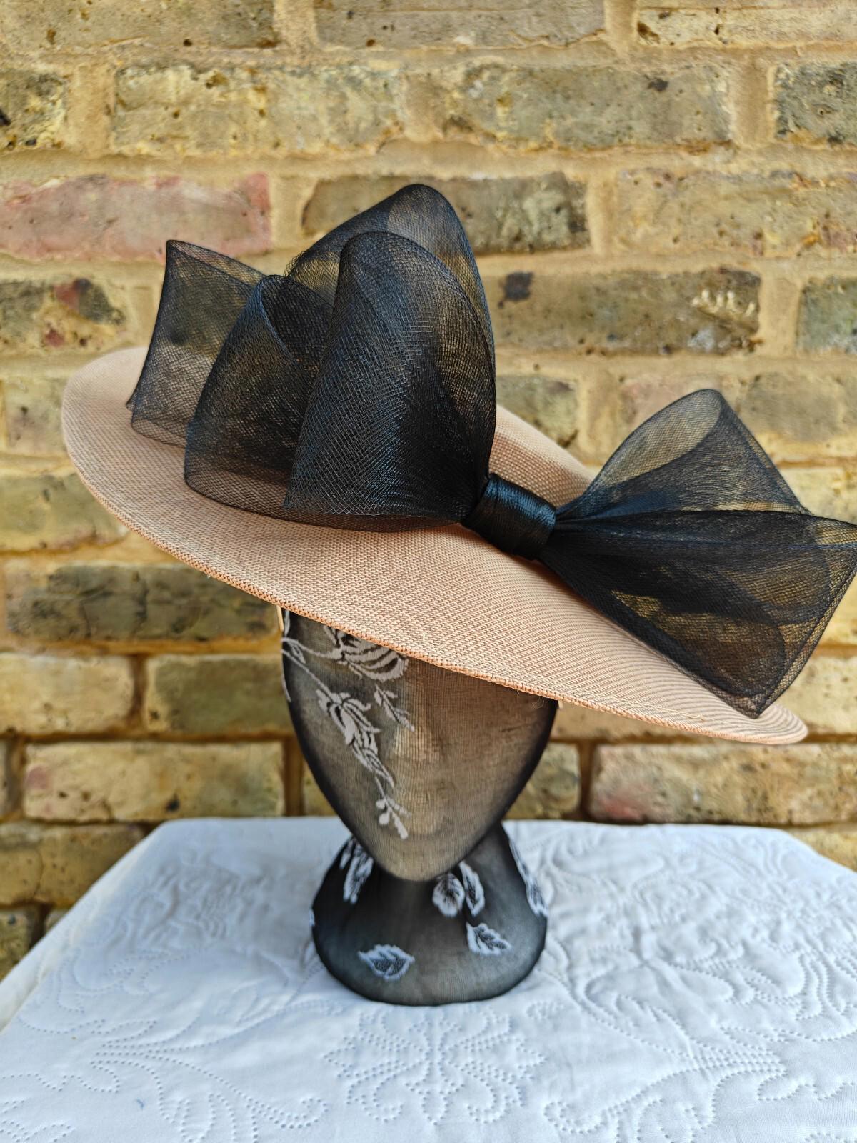 beige black large fascinator wedding hat  Kentucky Derby Royal Ascot bow