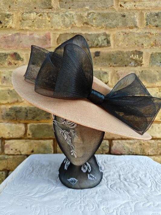 beige black large fascinator wedding hat  Kentucky Derby Royal Ascot bow