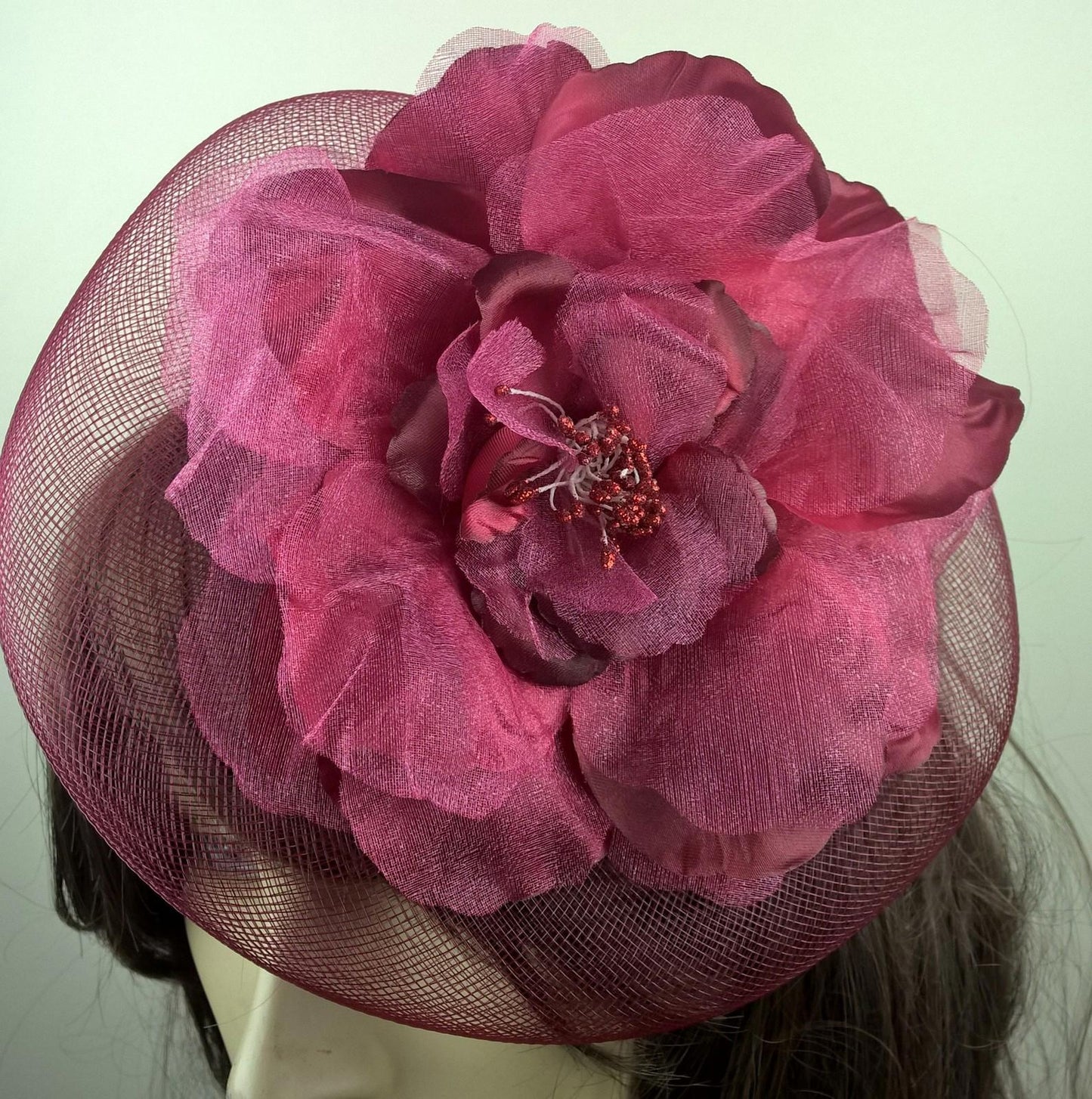 dark red satin flower fascinator millinery burlesque wedding hat bridal race