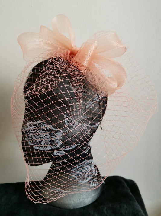 Peach nude coral salmon fascinator millinery burlesque wedding hat veil veiling