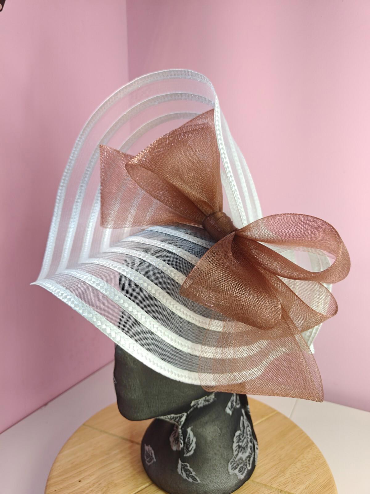 white brown bow fascinator millinery wedding hat Kentucky Derby Royal Ascot