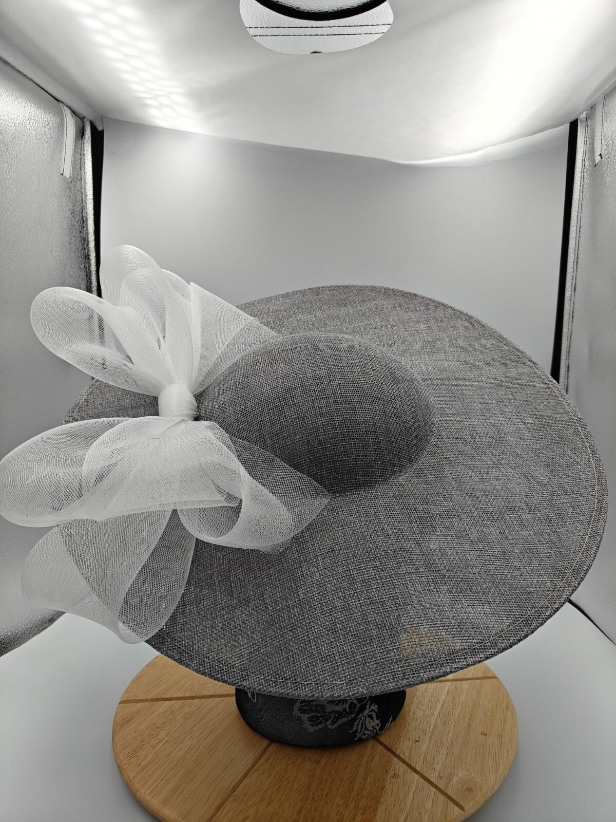 grey white large fascinator headband wedding hat  Kentucky Derby Royal Ascot