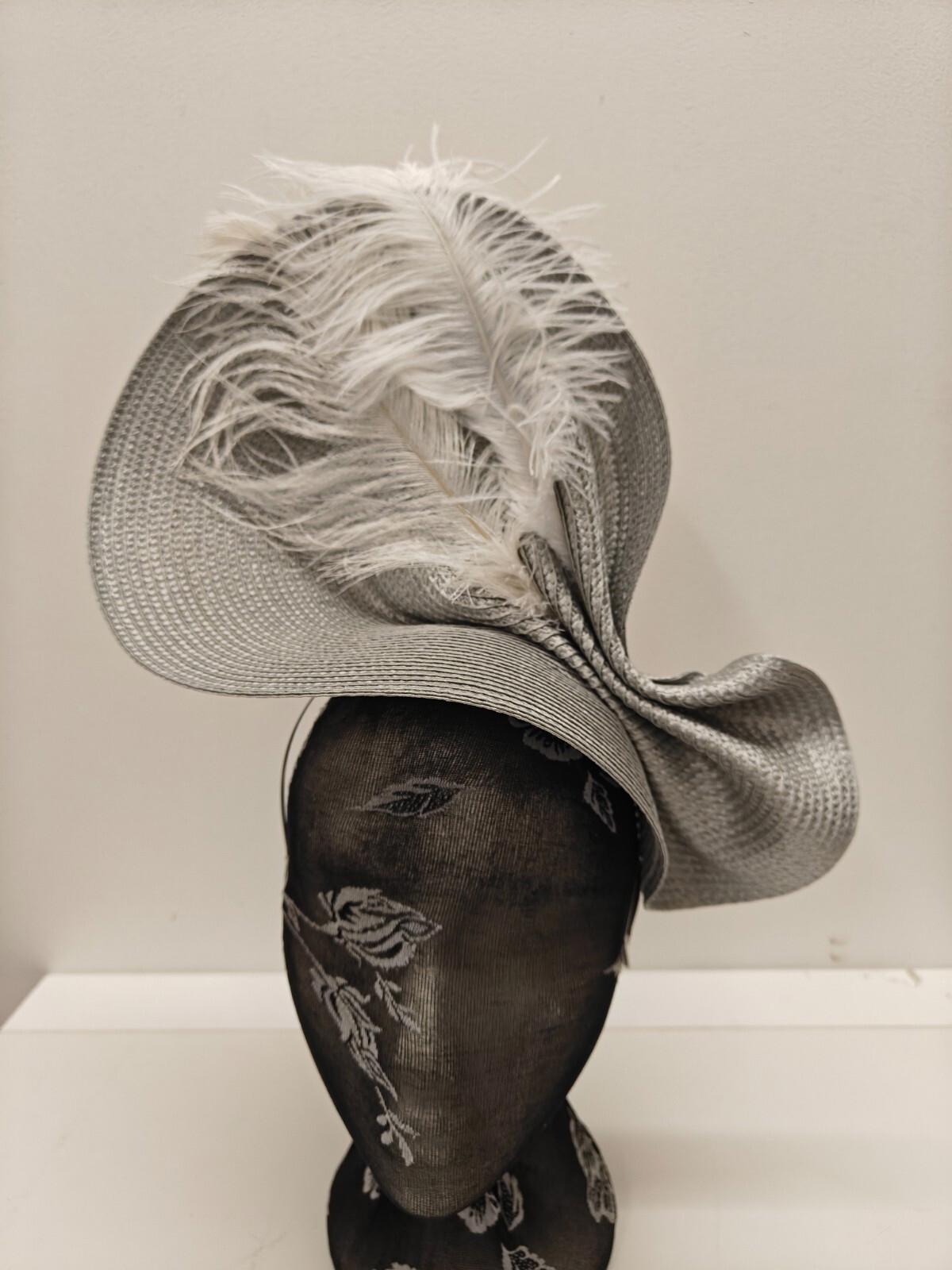 grey white large straw fascinator ostrich feather millinery headband wedding hat