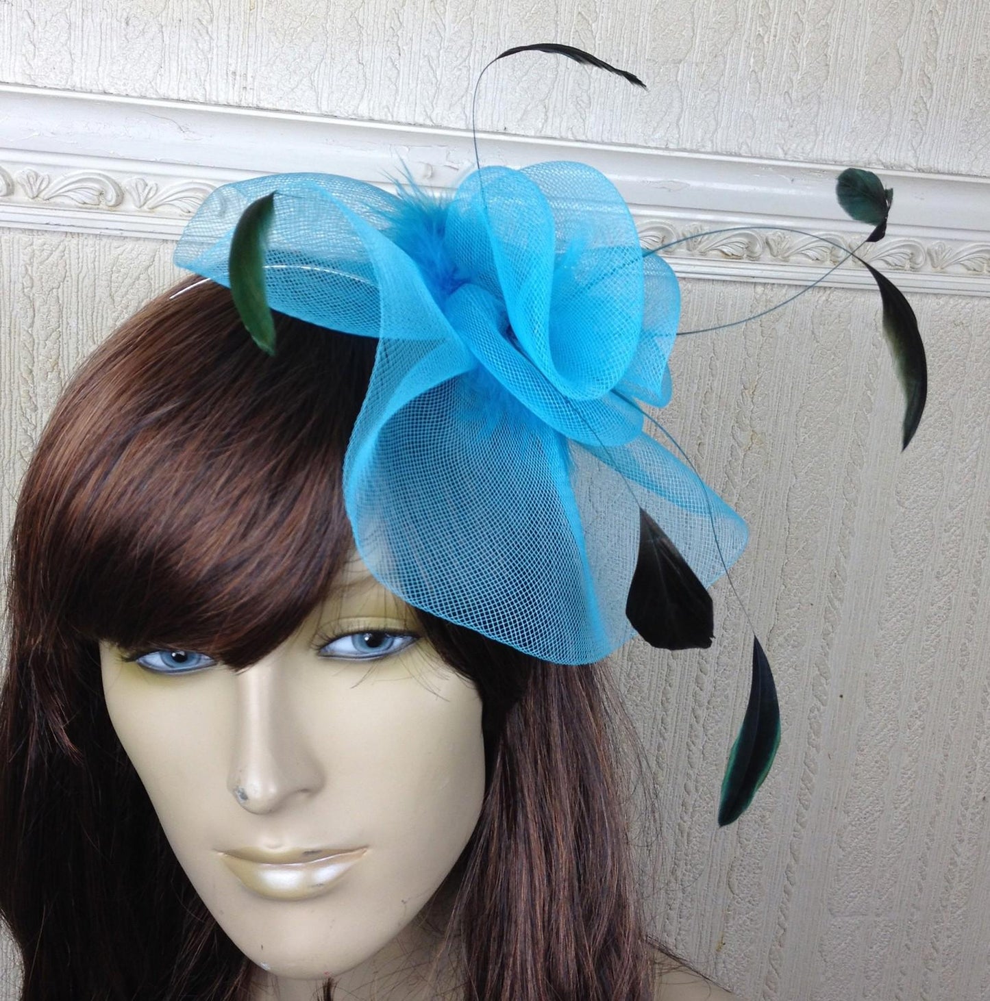 turquoise teal feather hair headband fascinator millinery wedding hat ascot