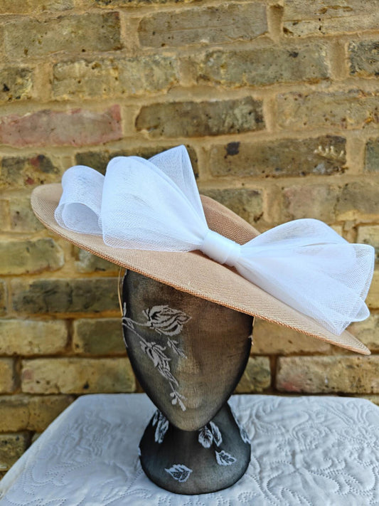 beige white large fascinator wedding hat  Kentucky Derby Royal Ascot bow