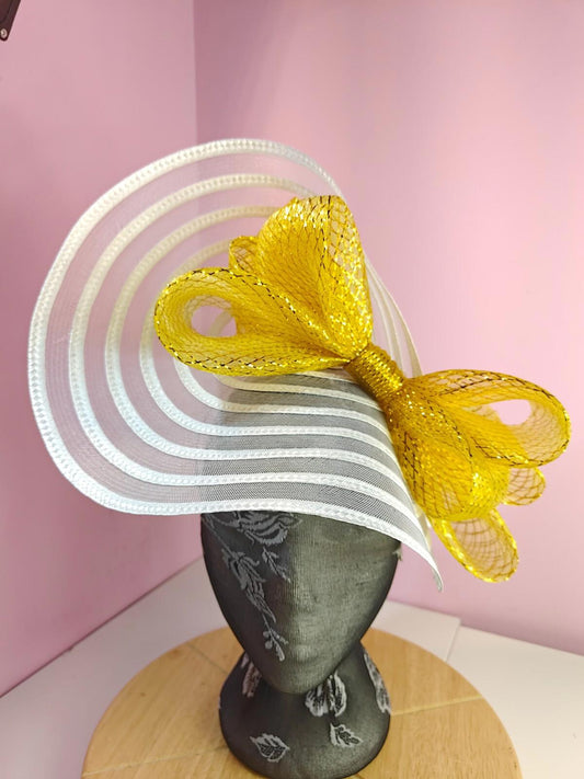white gold bow fascinator millinery wedding hat Kentucky Derby Royal Ascot