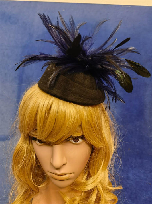 Navy black feather flower felt mini pill box hat veiling veil fascinator