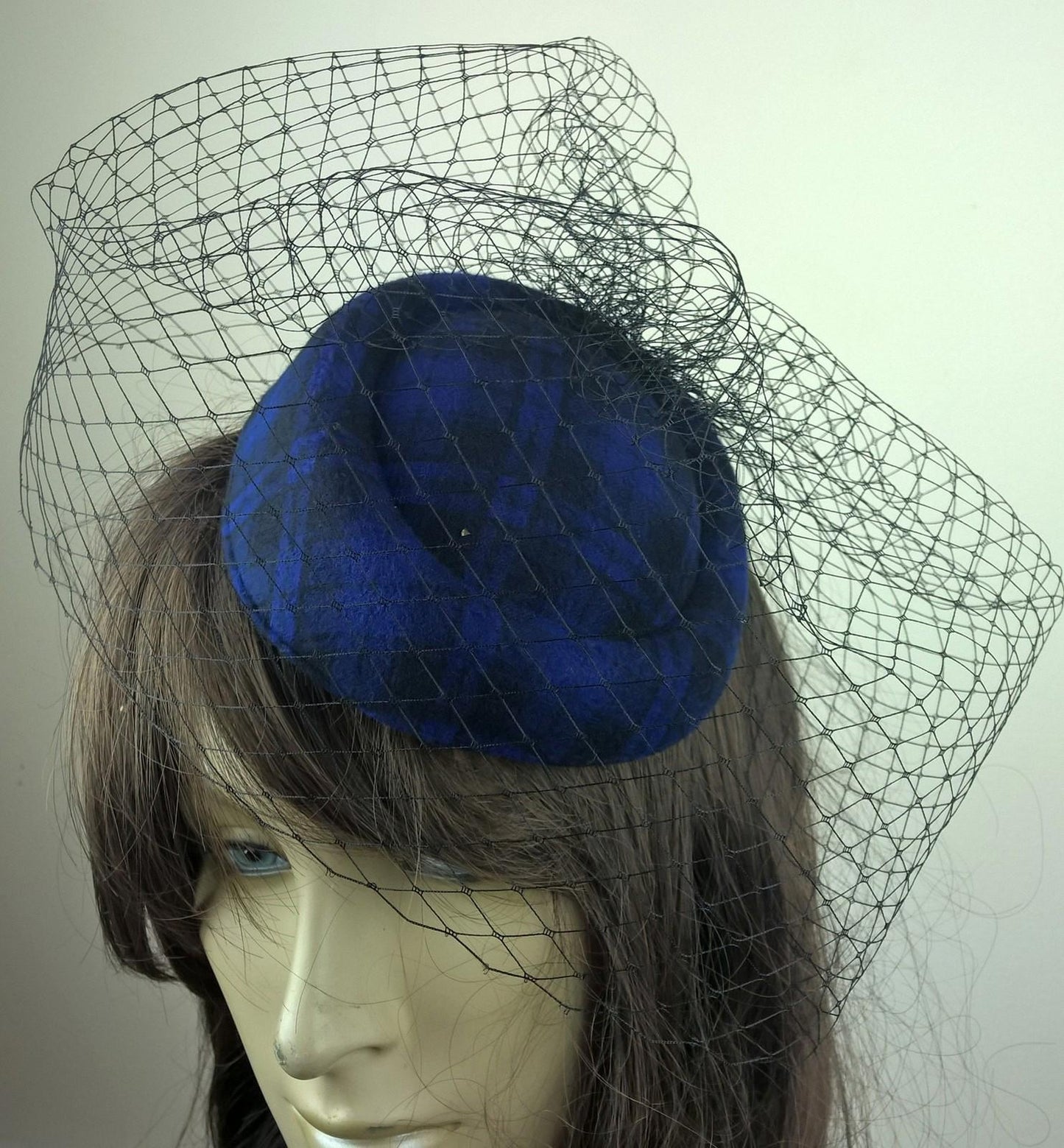 royal blue felt mini pill box hat black veiling french veil fascinator wedding