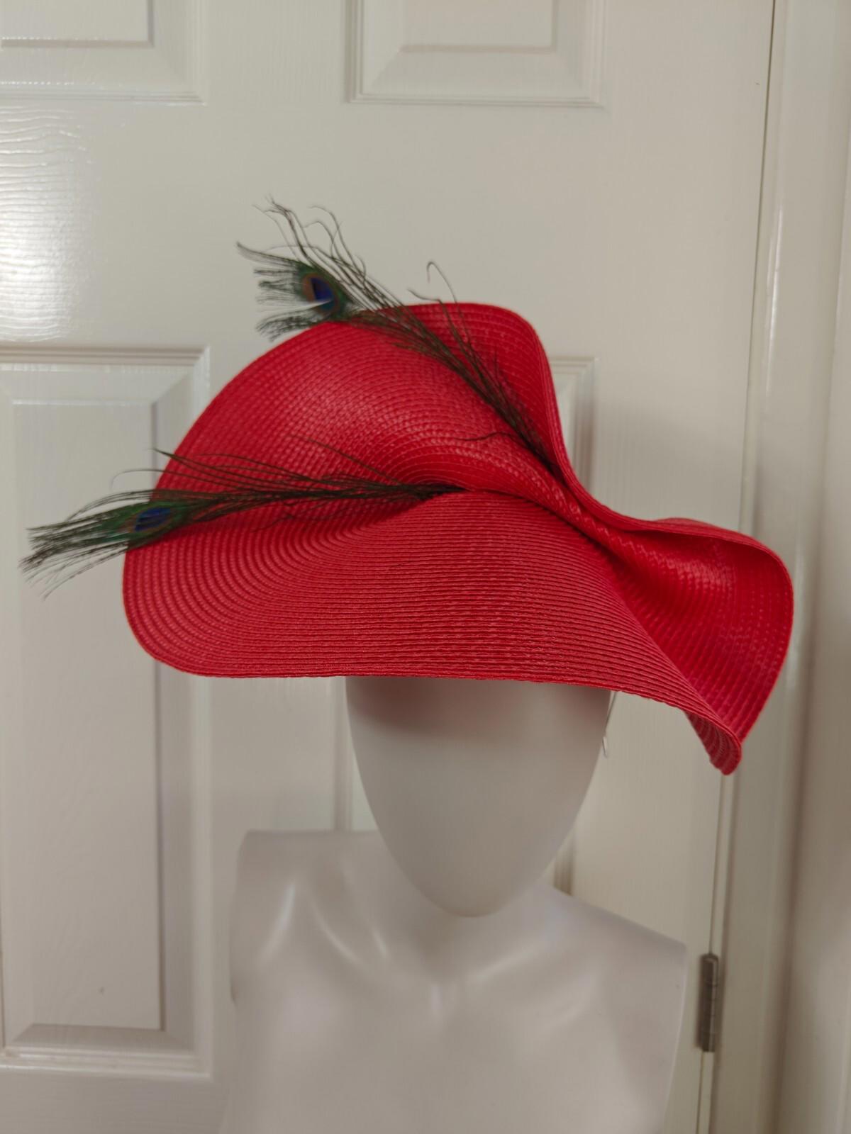 red large straw fascinator peacock feather millinery headband wedding hat
