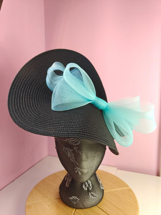 black light blue large straw fascinator wedding hat Kentucky Derby Royal Ascot