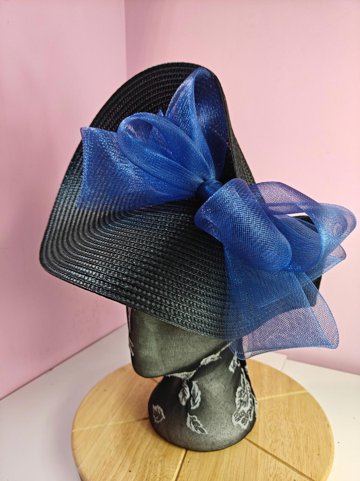 black blue large straw fascinator wedding hat Kentucky Derby Royal Ascot
