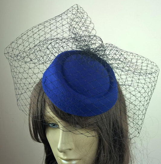 royal blue felt mini pill box hat black veiling french veil fascinator wedding