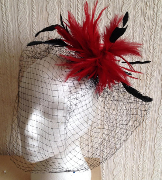 red feather black veiling fascinator millinery hair clip ascot wedding bridal