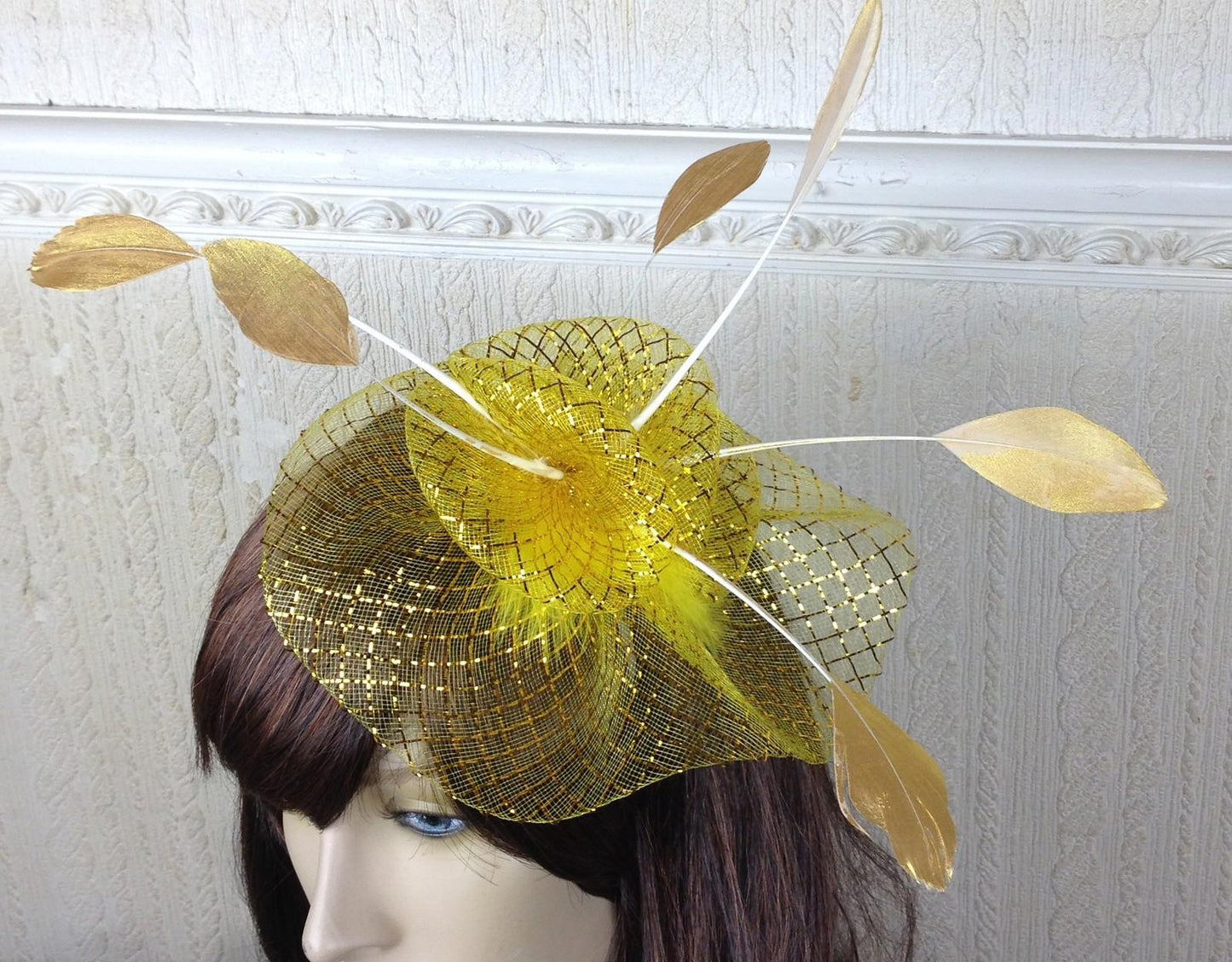 gold netting feather hair headband fascinator millinery wedding hat ascot race