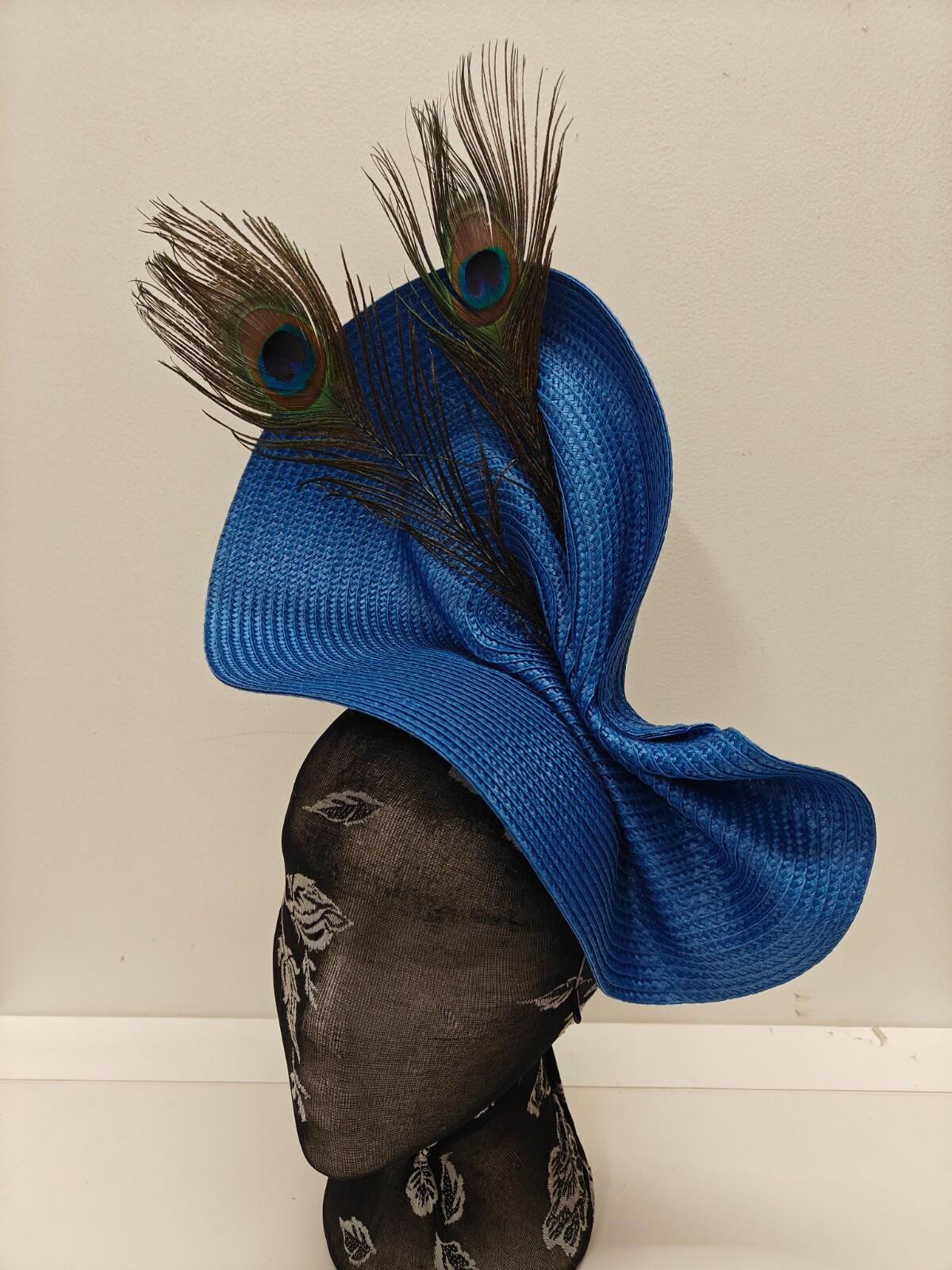 blue large straw fascinator peacock feather millinery headband wedding hat