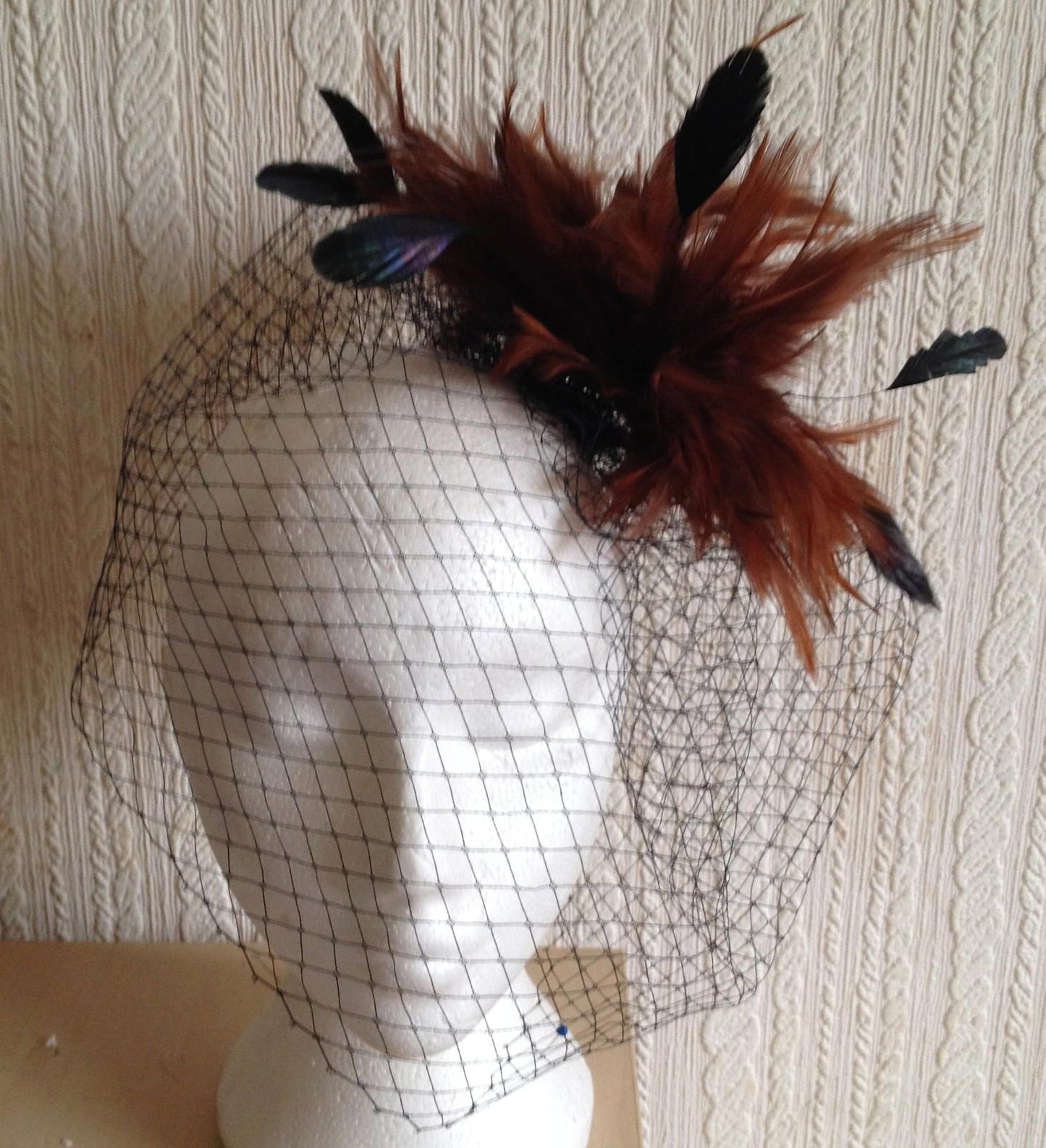 brown feather black veiling fascinator millinery hair clip ascot wedding bridal