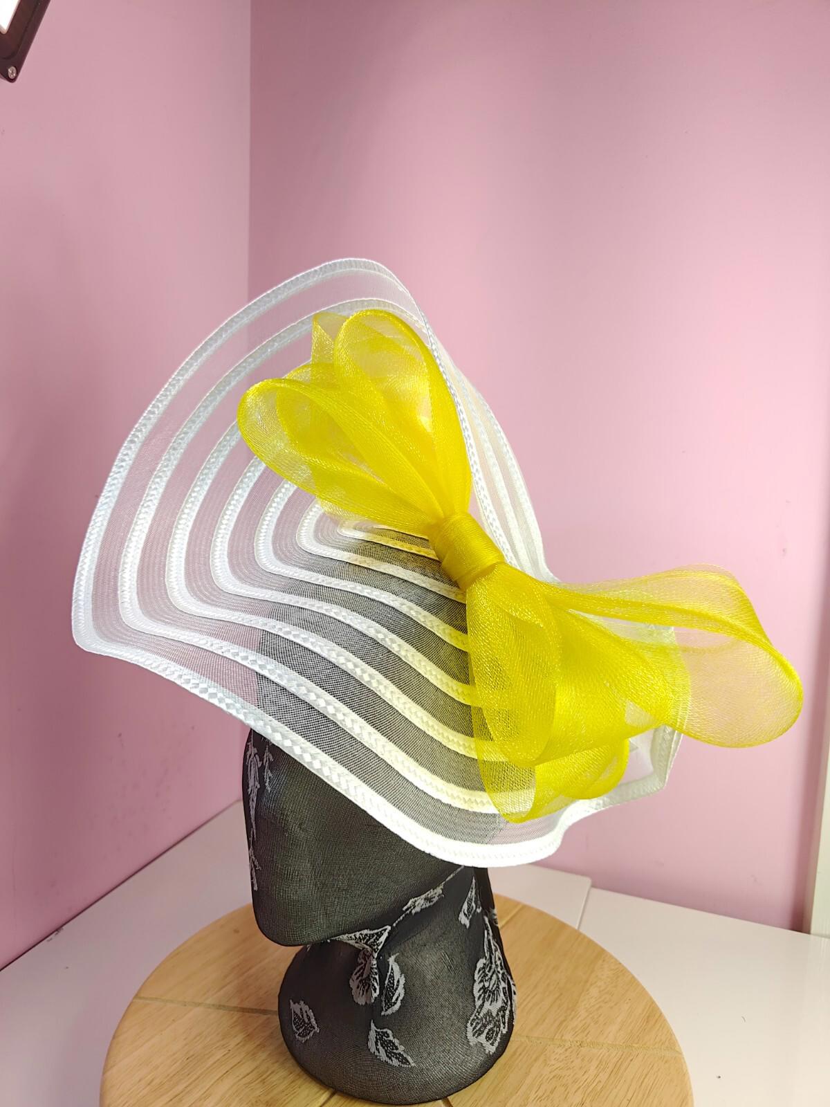 white yellow bow fascinator millinery wedding hat Kentucky Derby Royal Ascot