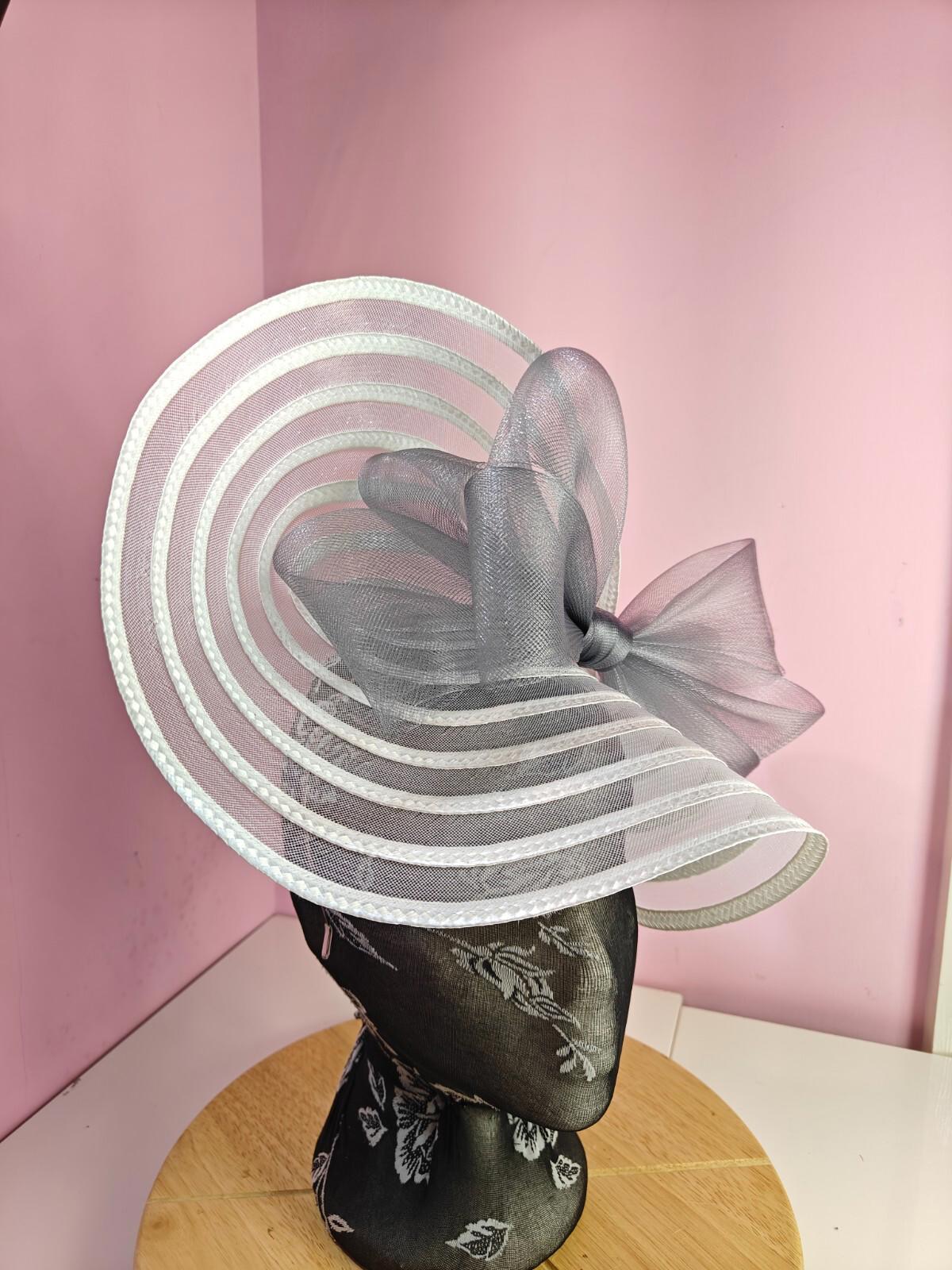 white grey bow fascinator millinery wedding hat Kentucky Derby Royal Ascot