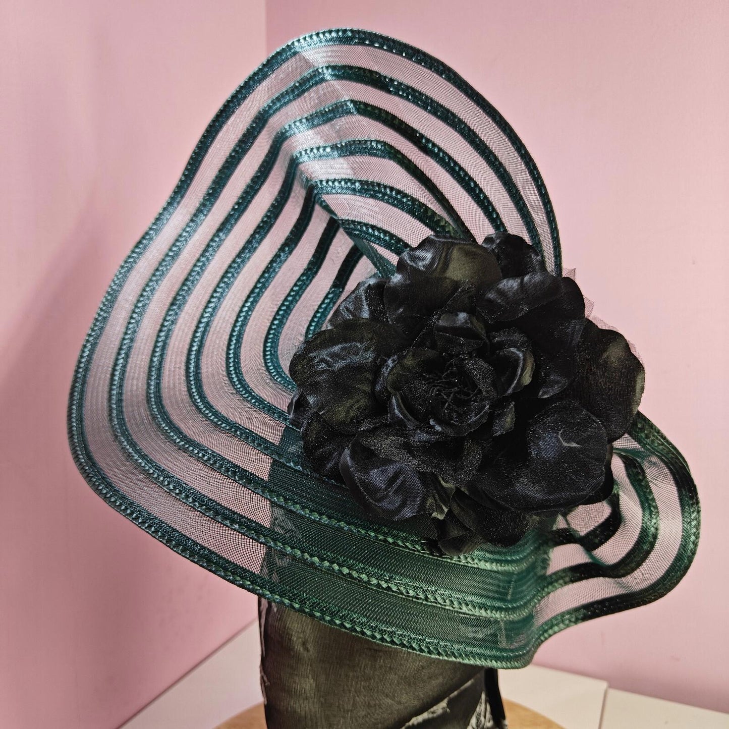green black flower fascinator millinery wedding hat Kentucky Derby Royal Ascot