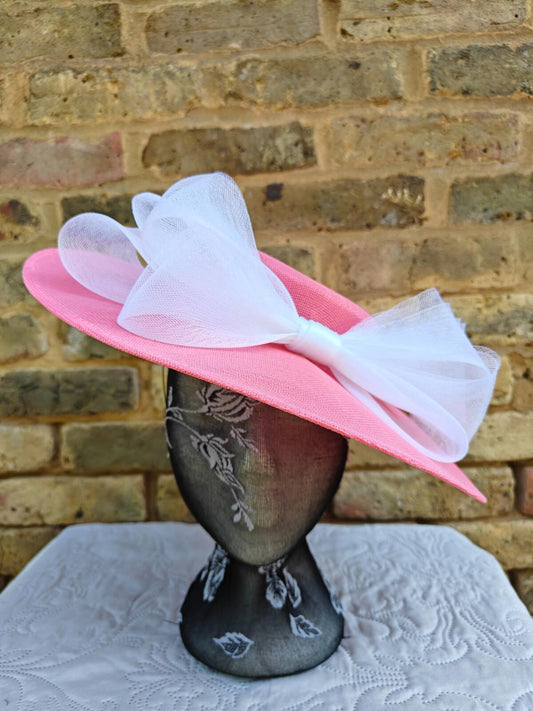 coral pink white large fascinator wedding hat  Kentucky Derby Royal Ascot bow