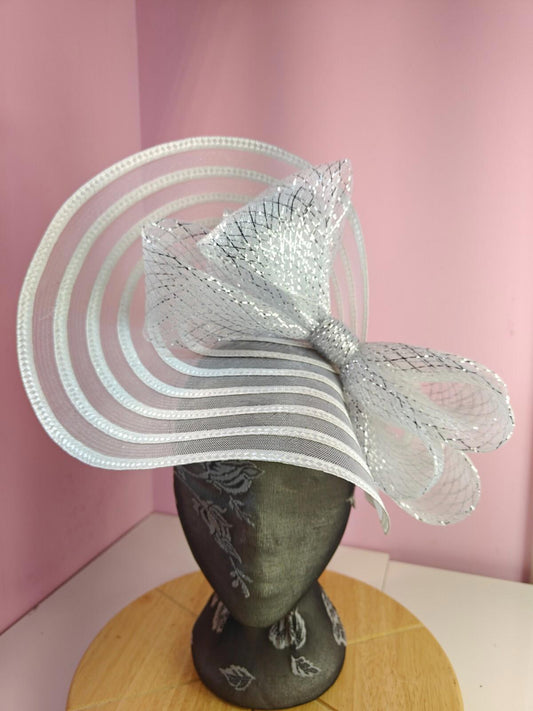 white silver bow fascinator millinery wedding hat Kentucky Derby Royal Ascot