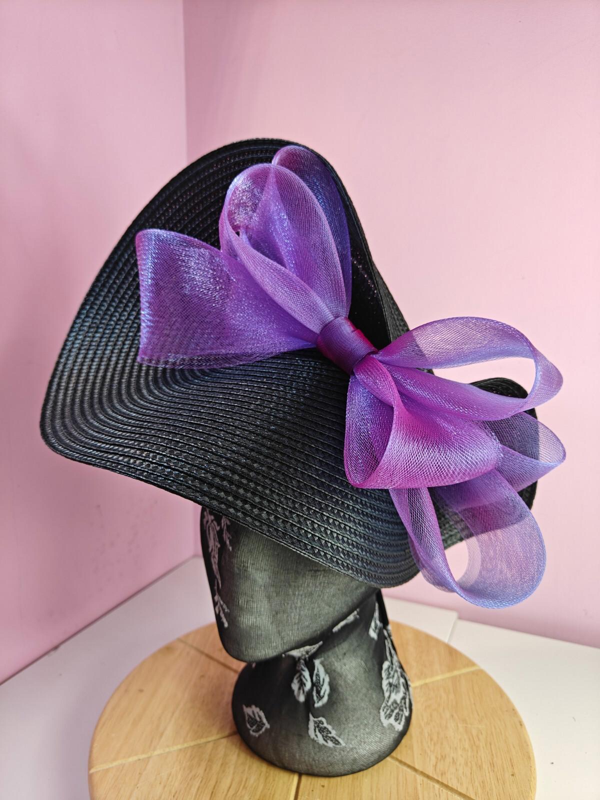 black purple large straw fascinator wedding hat Kentucky Derby Royal Ascot