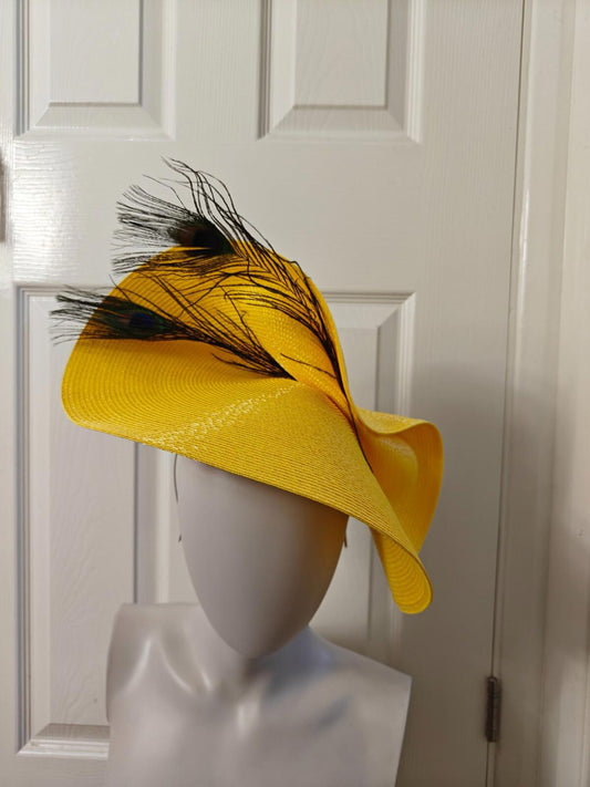 yellow large straw fascinator peacock feather millinery headband wedding hat
