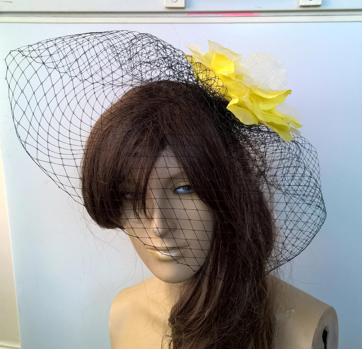 yellow satin flower black veiling fascinator hair clip ascot wedding bridal