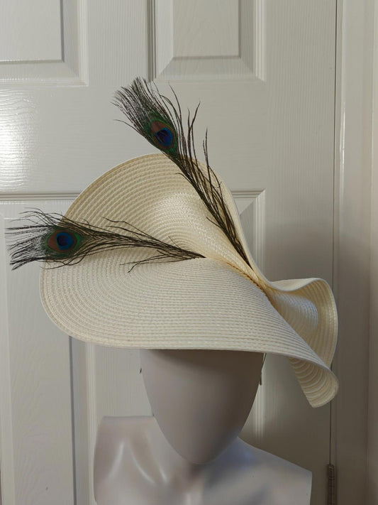 ivory large straw fascinator peacock feather millinery headband wedding hat