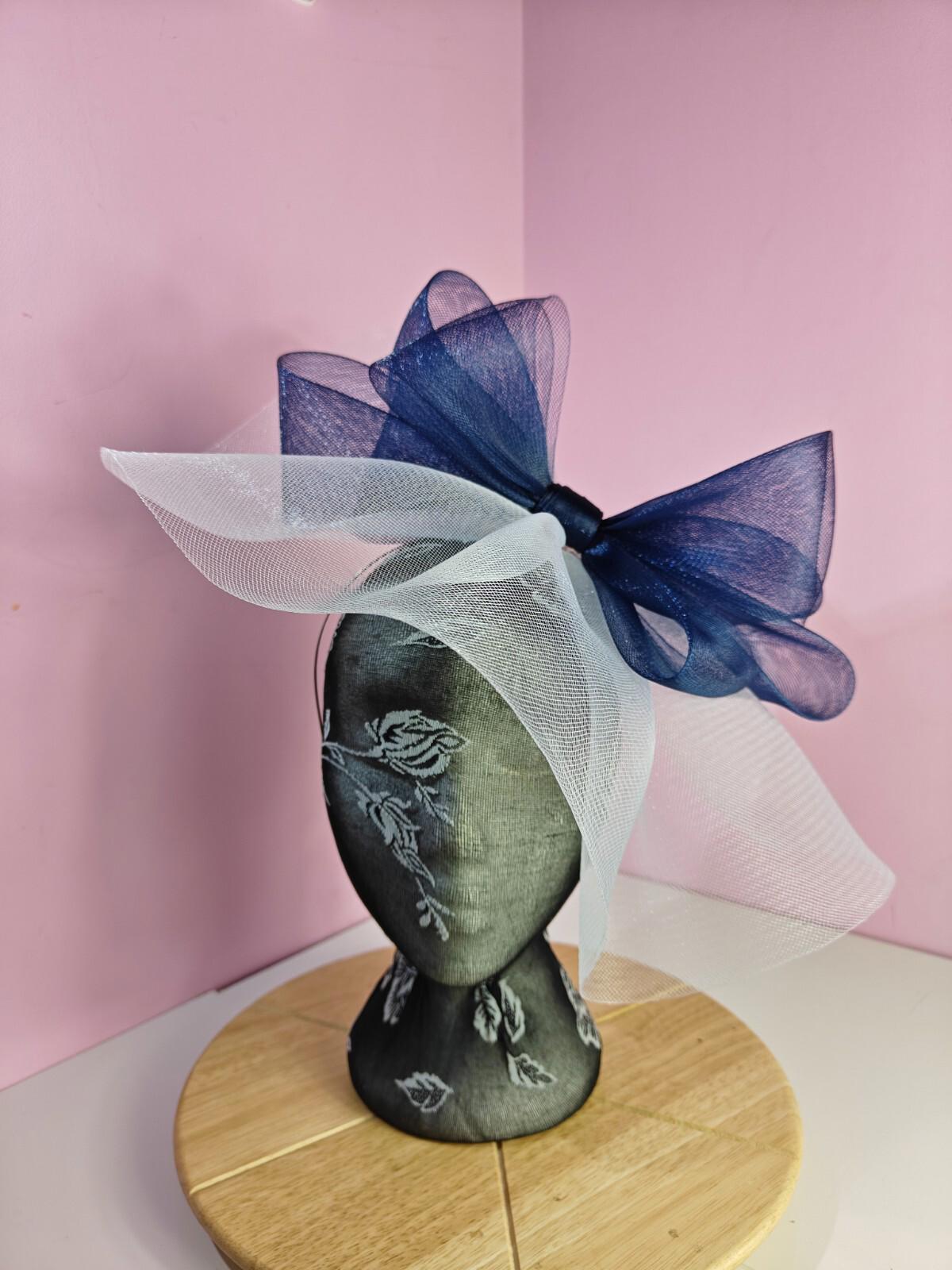 white navy blue fascinator millinery headband derby wedding hat ascot race