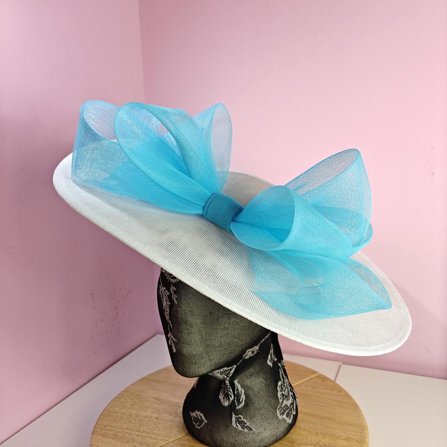 white turquoise large fascinator wedding hat  Kentucky Derby Royal Ascot bow