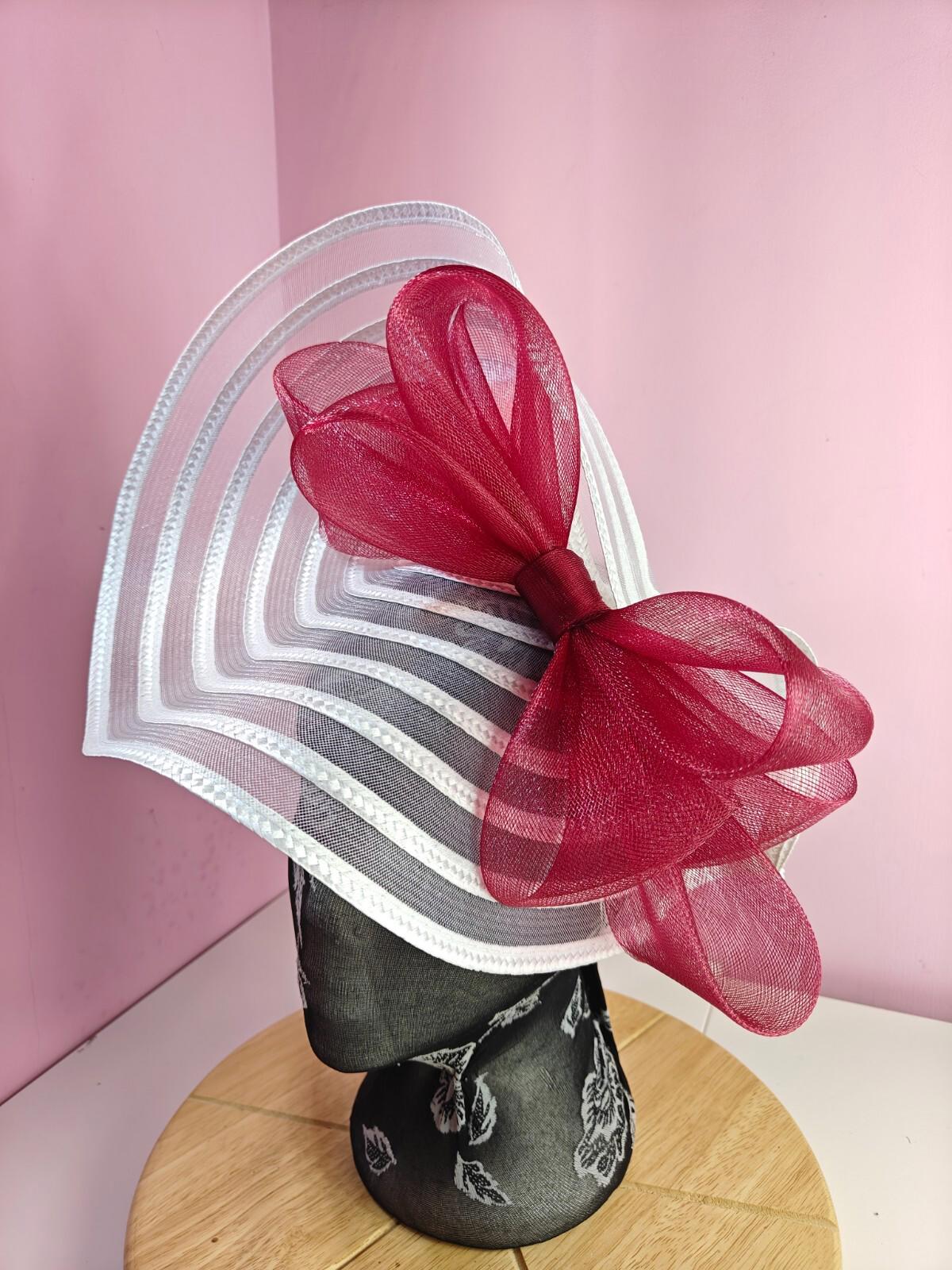 white dark red bow fascinator millinery wedding hat Kentucky Derby Royal Ascot