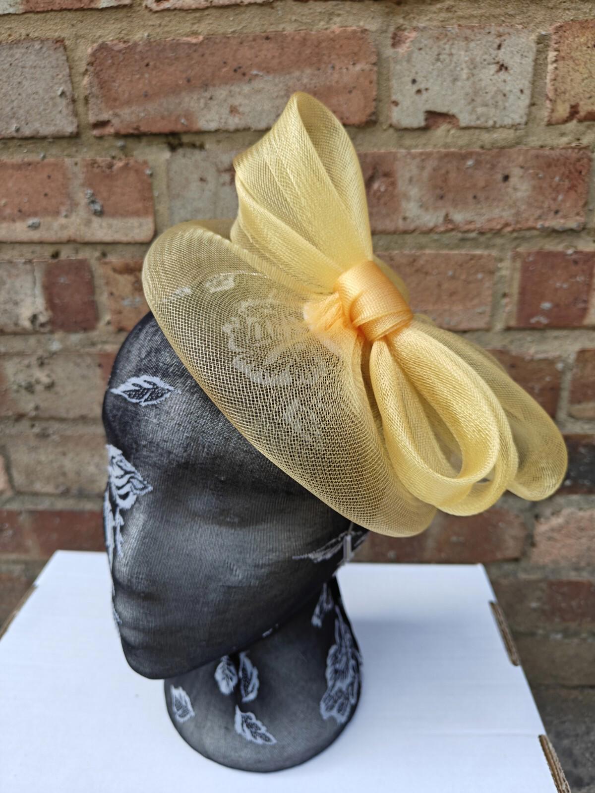 Gold yellow fascinator millinery burlesque headband wedding hat ascot race