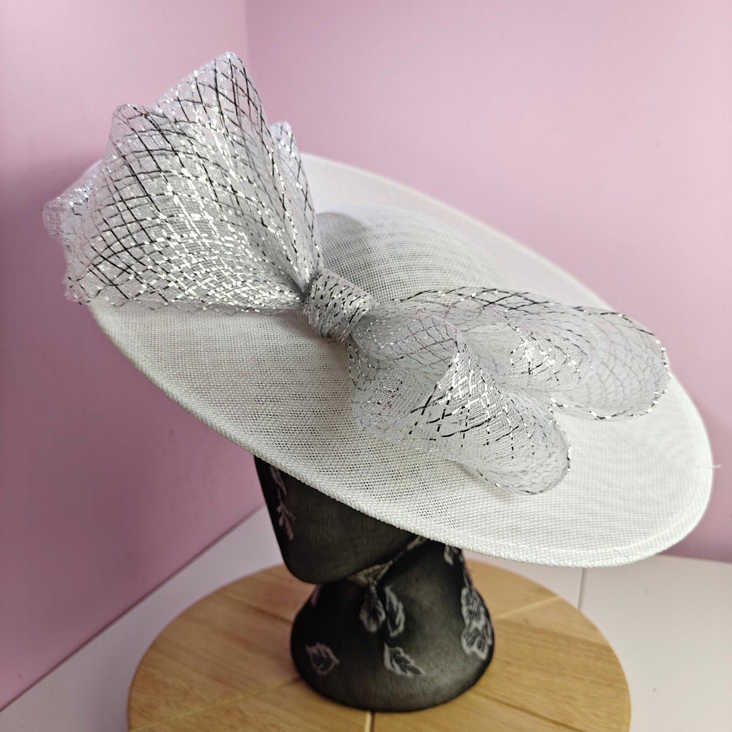 white silver large fascinator wedding hat  Kentucky Derby Royal Ascot bow