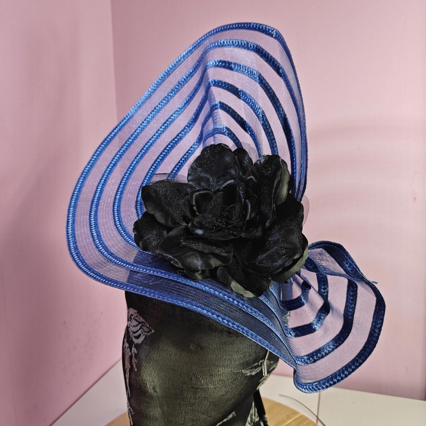 blue black flower fascinator millinery wedding hat Kentucky Derby Royal Ascot