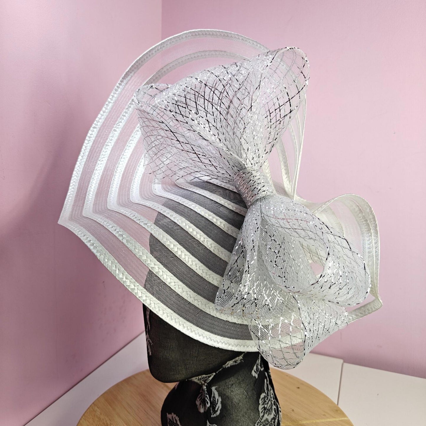 white silver bow fascinator millinery wedding hat Kentucky Derby Royal Ascot